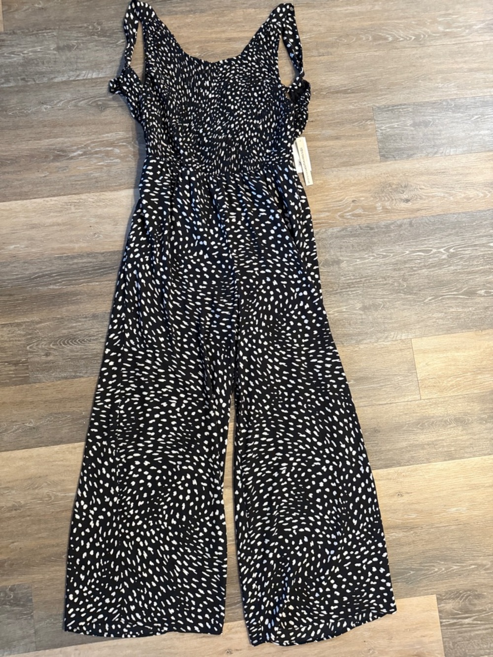 Aqua Black & White Dot Smocked Wide-Leg Jumpsuit